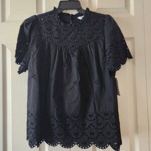 Womens Black Eyelet Short Sleeve Blouse Size M (8-10) Time and Tru NWT